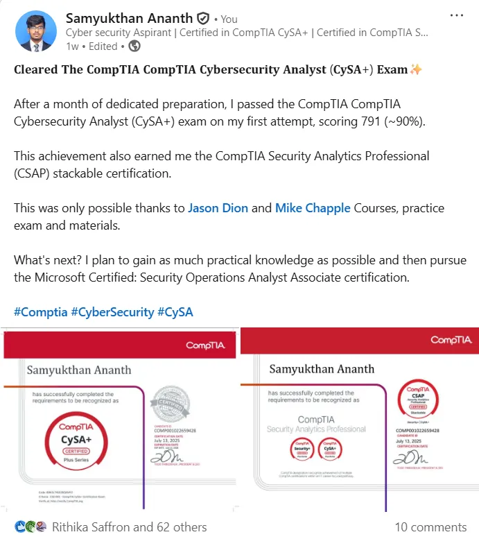 LinkedIn post: cleared the CompTIA CySA+ exam on the first attempt