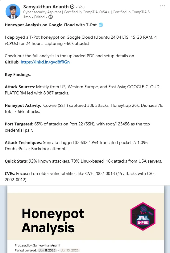 LinkedIn post: honeypot analysis on Google Cloud with T-Pot