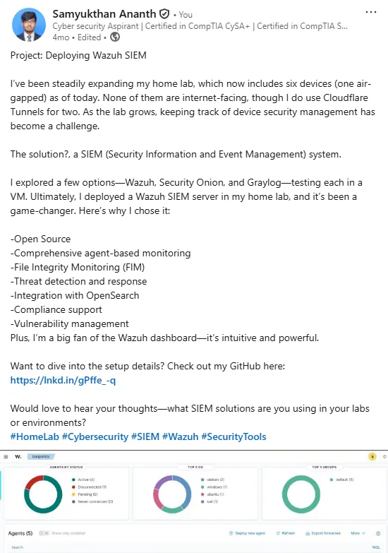 LinkedIn post: deploying a Wazuh SIEM in the home lab