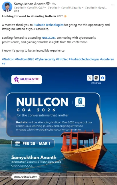 Rudratic Technologies poster: Samyukthan Ananth, Information Security & Technology Lead, attending Nullcon Goa 2026, Feb 28 to Mar 1