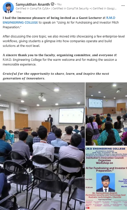 Samyukthan speaking as a guest lecturer to a full seminar hall at R.M.D. Engineering College, with the workshop poster